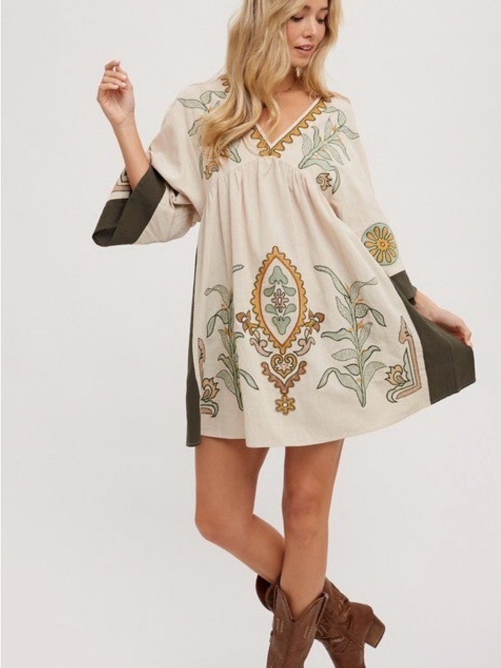 Embroidered Boho V-Neck Tunic Dress in Cream and Olive